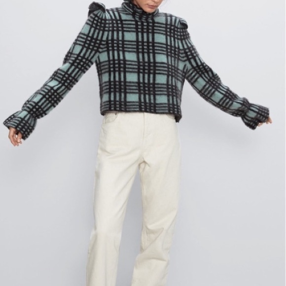 🔖 S ZARA Checked Wool Mohair Knit Sweater Green Aqua Ruffle Shoulder - Picture 8 of 16